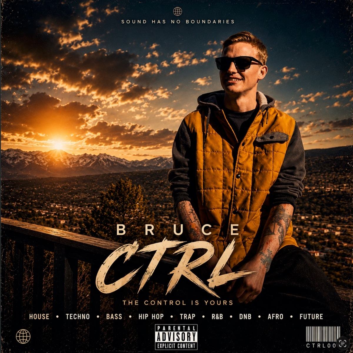 Bruce CTRL cover art — sitting on a deck rail above Denver at sunset, snow-capped mountains behind