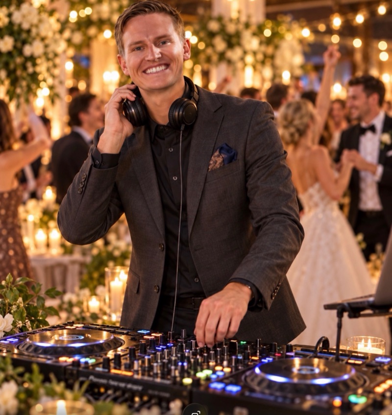 BRUCE CTRL DJing a wedding reception — smiling behind the decks in a dark suit and headphones while the couple dances under string lights